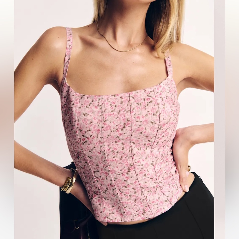 New Reformation Hattie Linen Tank Top In Pink Floral Print - Rosin
